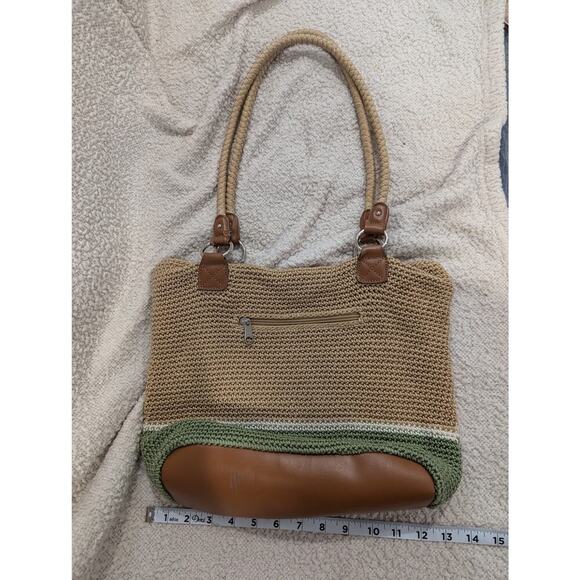 Croft & Barrow knit small tan & green casual tote purse w/zip closure - Picture 1 of 6